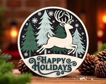Panneau de bienvenue de Noël renne découpé au laser fichiers numériques SVG - scène d'hiver avec flocons de neige, pins, joyeuses fêtes pour Glowforge, CNC