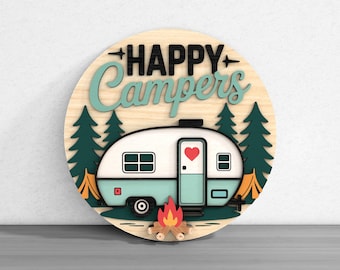 Letrero de bienvenida para campistas felices (archivos digitales SVG cortados con láser): archivo digital cortado con láser en capas para Glowforge y máquinas láser