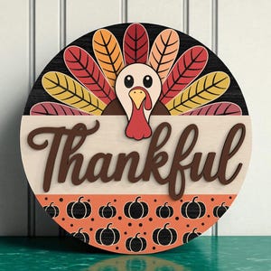 Thankful Turkey Fall Welcome Sign Laser Cut Digital SVG – Layered Thanksgiving Round Door Hanger for Glowforge, Autumn Farmhouse Decor
