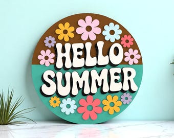 Retro Hallo Sommer Willkommensschild Laser geschnitten Digitale Dateien SVG - Boho Blume rundes Zeichen SVG für Sommerdekor