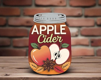 Apple Cider Mason Jar Sign Laser Cut Digital Files SVG – Fall Mason Jar Layered SVG with Apples, Spices, and Leaves for Glowforge, xTool
