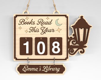 Cartello decorativo in legno con conteggio dei libri in formato SVG, Libri letti quest'anno in formato SVG, File tagliato al laser per il conteggio dei libri da appendere, Cartello personalizzato per biblioteca