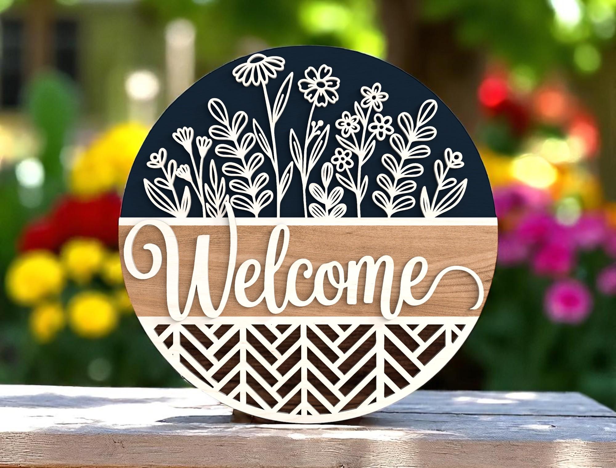 Welcome Sign Wildflower Digital Files SVG - Round Layered Door Sign ...