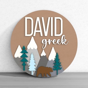 Personalized Name Sign with Bear and Mountains Welcome Sign Laser Cut Digital Files SVG –  Digital Laser Cut File for Nursery Woodland Decor