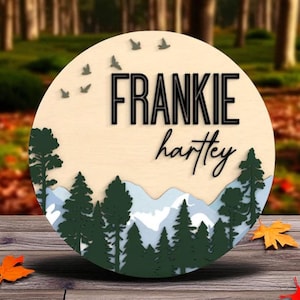 Personalized Mountain Name Welcome Sign Laser Cut Digital Files SVG –Nature-Inspired Woodland Forest Scene with Custom Text for Glowforge