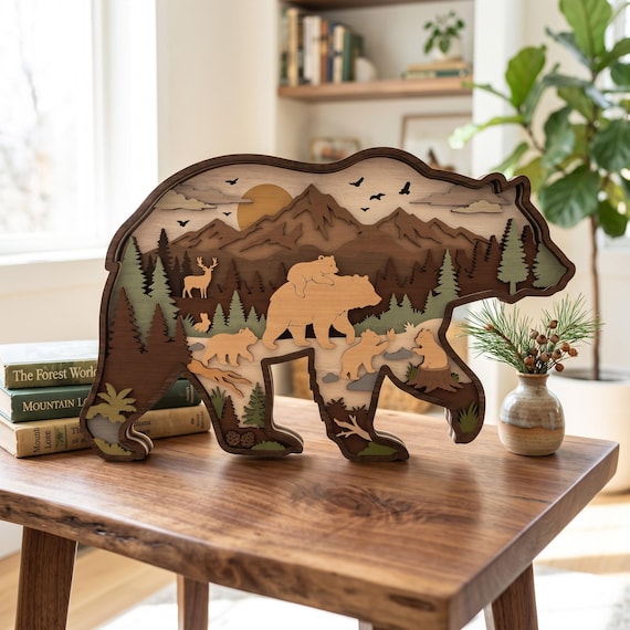 Layered Bear Forest SVG, Mountain Wildlife Bear Scene Laser Cut File, Rustic Woodland Wood Decor, Glowforge xTool LightBurn