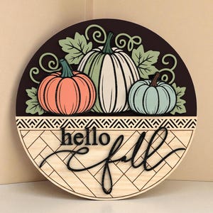 Hello Fall Pumpkin Welcome Sign Laser Cut Digital SVG –  Autumn Pumpkin with Farmhouse Style for Glowforge,xTool, CNC Seasonal Door Hanger