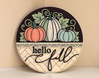 Hello Fall Pumpkin Welcome Sign Laser Cut Digital SVG –  Autumn Pumpkin with Farmhouse Style for Glowforge,xTool, CNC Seasonal Door Hanger