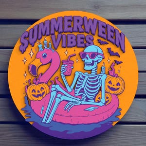 May include: A round orange sign with the words "Summerween Vibes" in purple. A skeleton wearing sunglasses is in a flamingo floatie, holding a drink. Pumpkins and bats are also featured in the design.