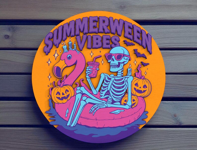 May include: A round orange sign with the words "Summerween Vibes" in purple. A skeleton wearing sunglasses is in a flamingo floatie, holding a drink. Pumpkins and bats are also featured in the design.