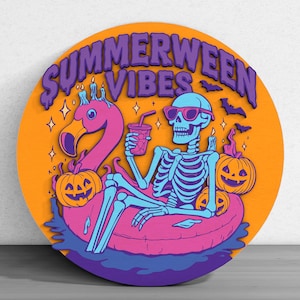 May include: Round orange sign with the text "Summerween Vibes" in purple. A skeleton wearing sunglasses floats on a pink flamingo pool float, holding a drink. Two jack-o'-lanterns and bats are also featured.
