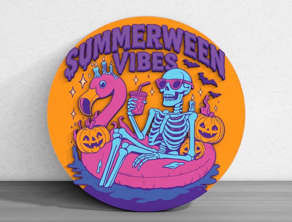 Summerween Vibes Skeleton Welcome Sign Laser Cut Digital Files SVG – Halloween Beach Sign with Skeleton, Pumpkins, Flamingo for Glowforge