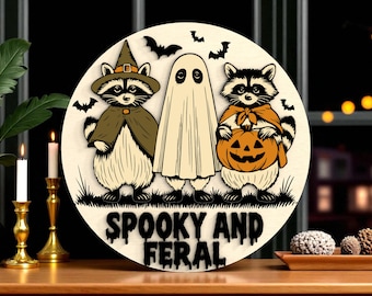 Spooky and Feral Halloween Raccoon Welcome Sign Laser Cut Digital Files SVG –Funny Woodland Animal Halloween Round Decor