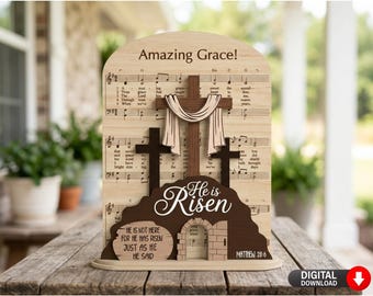 He Is Risen SVG • Amazing Grace Layered Cross Laser Cut File • Christian Easter Wood Sign Digital Download