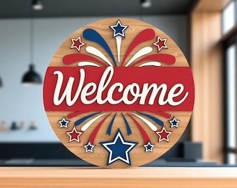 Patriotic Welcome Sign Digital Files SVG – Fireworks and Stars Round Sign Design , Layered Digital Laser Cut File for Glowforge