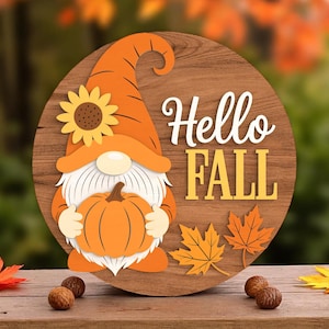 Hello Fall Gnome Welcome Sign Digital Files SVG - Layered Digital Laser Cut with Pumpkin Sunflower for Glowforge xTool – Autumn Door Hanger