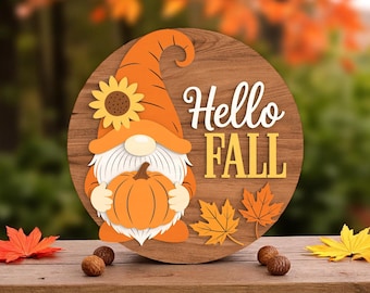 Hello Fall Gnome Welcome Sign Digital Files SVG - Layered Digital Laser Cut with Pumpkin Sunflower for Glowforge xTool – Autumn Door Hanger