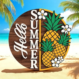 May include: A wooden sign with a beach theme. The sign says "Hello Summer" in white script and block letters. It features yellow pineapples, green leaves, and white flowers. The background shows a beach scene with palm trees.