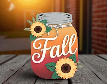 Herfst zonnebloem Mason Jar teken lasergesneden digitale bestanden SVG – gelaagde herfst SVG voor Glowforge, xTool, met zonnebloemen, bladeren en rustieke strik