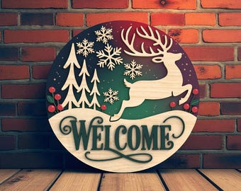 Reindeer Christmas Welcome Sign Laser Cut Digital Files –Rustic Holiday Wall Decor , Layered SVG with Snowflakes, Pine Trees for Glowforge