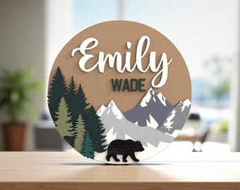 Personalisiertes Bear Mountain Willkommensschild Laser geschnittene digitale Dateien SVG - Laserschnittdatei für Wald Kinderzimmer Dekor - Glowforge xTool
