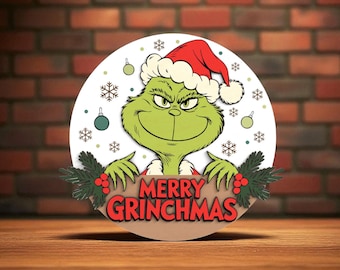 Merry Grinchmas Willkommensschild Laser geschnittenes digitales SVG - Lustiges rundes Weihnachtsschild, Feiertags-Wand-Kunst für Glowforge, xTooll