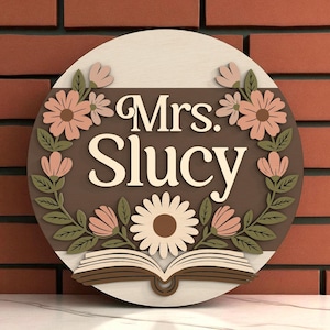Puede incluir: Un letrero redondo de madera con el nombre "Mrs. Slucy" en letras blancas, rodeado de motivos florales y hojas en tonos rosa, verde y marrón. Un libro abierto en la parte inferior. El letrero está sobre una pared de ladrillos.