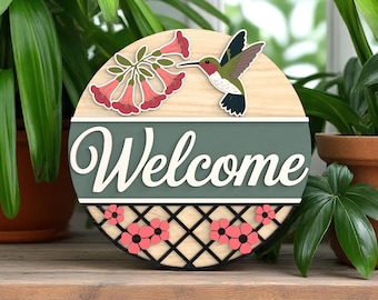 Hummingbird Floral Welcome Sign Laser Cut Digital Files SVG –Floral Round Door Hanger for Spring and Summer