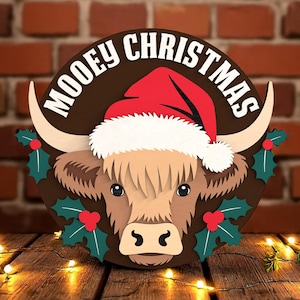 Mooey Weihnachten Highland Kuh Laser Schnitt Digitale Dateien SVG - Geschichtete Bauernhaus Urlaub Zeichen Laser Cut Datei für Glowforge, xTool, Cricut, CNC