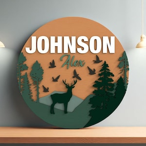 Hirsch und Wald Name Willkommensschild Laser geschnittene digitale Dateien SVG - Wildtiere Bergszene Kinderzimmer Dekor, personalisierter digitaler Laserschnitt