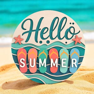 Hello Summer Flip Flop Welcome Sign Digital Files SVG -Digital Layered Laser Cut File with Beach Waves and Starfish – Summer Door Hanger