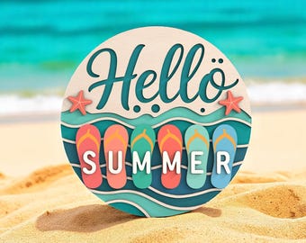 Hello Summer Flip Flop Welcome Sign Digital Files SVG -Digital Layered Laser Cut File with Beach Waves and Starfish – Summer Door Hanger