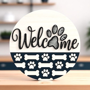 Welcome Sign Dog Paw Print Laser Cut Digital Files SVG – Digital Laser Cut File for Glowforge, xTool, Cricut – Pet-Friendly Entry Door Sign