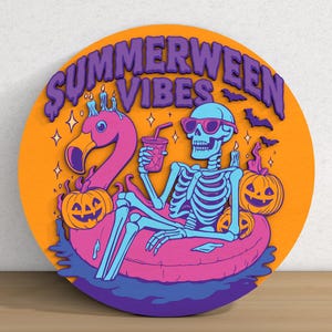 May include: Round orange sign with the words "SUMMERWEEN VIBES" in purple. A skeleton wearing sunglasses floats on a pink flamingo pool float, holding a drink. Two jack-o'-lanterns and bats are also featured.