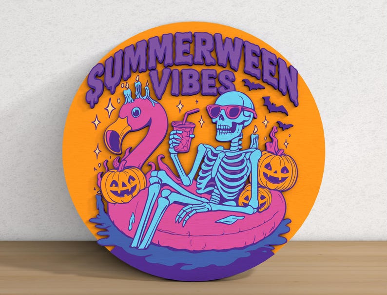 May include: Round orange sign with the words "SUMMERWEEN VIBES" in purple. A skeleton wearing sunglasses floats on a pink flamingo pool float, holding a drink. Two jack-o'-lanterns and bats are also featured.