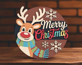 Merry Christmas Reindeer Welcome Sign Laser Cut Digital Files SVG – Layered Cute Rudolph, Snowflakes, and Holiday for Glowforge , CNC, xTool