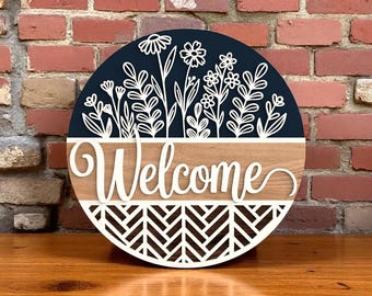 Welcome Sign Wildflower Digital Files SVG - Round Layered Door Sign with Floral Silhouette and Chevron Border – Glowforge, xTool, Cut File