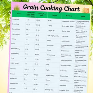 May include: A green and white grain cooking chart with a pink background. The chart lists grains like rice, quinoa, and oats, with water ratios, cooking times, textures, and best uses. A green button at the bottom says "DOWNLOAD NOW".