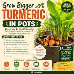 May include: A book cover titled "Grow Bigger Turmeric in Pots" with text and images of turmeric plants and roots. The cover includes information on growing methods, health benefits, and bonus resources. A potted turmeric plant is shown.