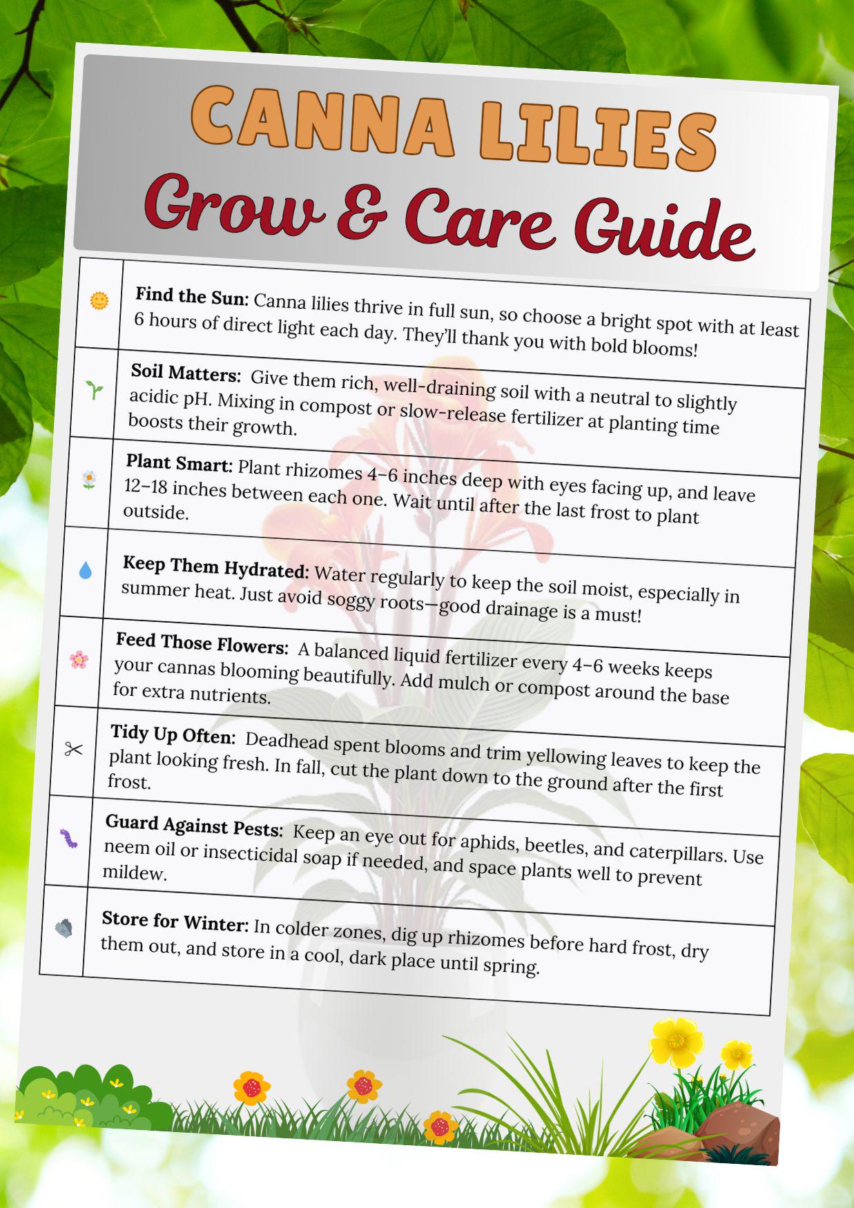 Canna Lily Plant Care Guide  How to Grow and Care for Canna Lilies |  Printable & Editable Checklist With Tips | PDF + Template - Etsy