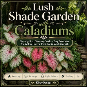 May include: An image showcasing a lush shade garden with caladiums. The image displays caladium plants with pink and white veined leaves. Text on the image reads "Lush Shade Garden with Caladiums" and "Step-by-Step Growing Guide".