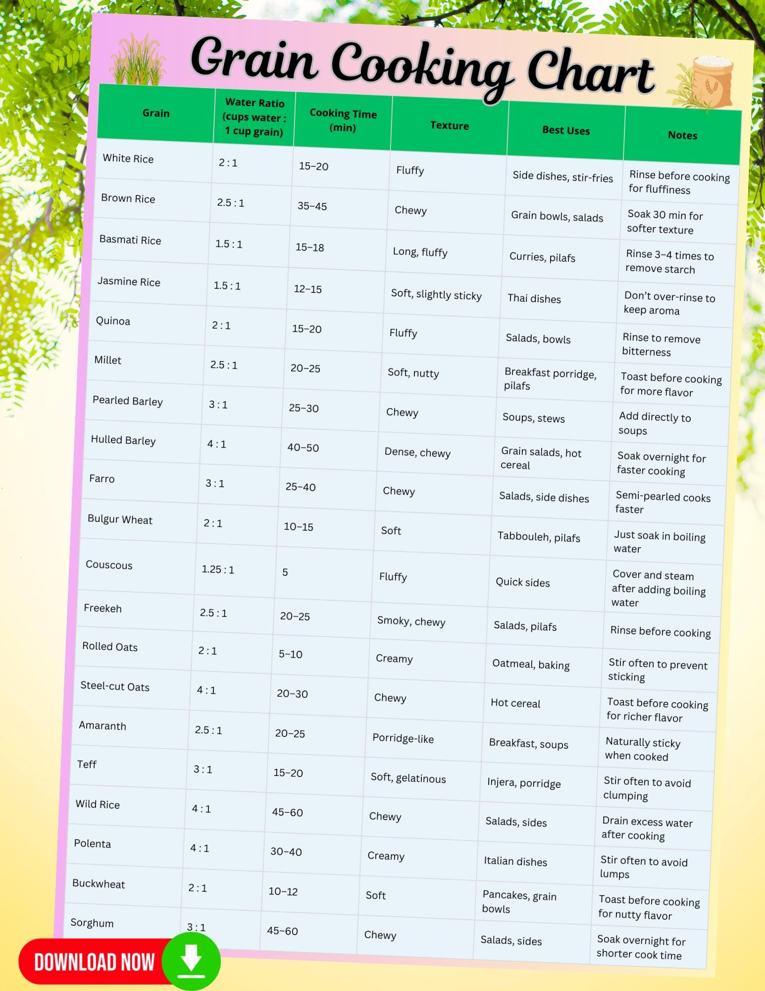 Grain Cooking Chart | Water Ratios, Cooking Times, Texture & Nutrition ...