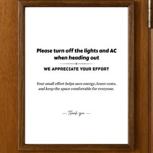Please Turn Off Lights & AC Sign – Office Printable Wall Sign | Energy Saving Sign Digital Download | Staff Reminder Sign | Workplace Decor