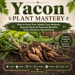 May include: An image promoting "Yacon Plant Mastery" with text detailing growing methods and benefits. The image features harvested yacon roots, a gardening fork, and a summary of care topics. The design includes a logo and decorative elements.