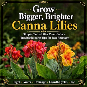 May include: Image of a book cover with the title "Grow Bigger, Brighter Canna Lilies." The cover features vibrant red and yellow canna lilies with green foliage. Text at the bottom lists topics: Light, Water, Drainage, Growth Cycles, Etc.