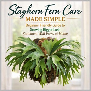 May include: A staghorn fern, with large, green fronds, is mounted on a textured, brown base. The image includes text that reads "Staghorn Fern Care MADE SIMPLE" and "Beginner Friendly Guide to Growing Bigger Lush Statement Wall Ferns at Home."