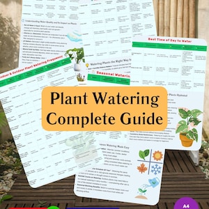 Könnte beinhalten: Eine Sammlung druckbarer Ratgeber zum Gießen von Pflanzen, mit Tabellen und Diagrammen zu Wasserqualität, klimabedingten Bedürfnissen und saisonalem Gießen. Der Titel "Plant Watering Complete Guide" ist deutlich sichtbar.