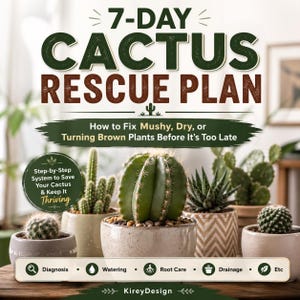May include: An image advertising a 7-Day Cactus Rescue Plan. The image shows various potted cacti, with text that reads "How to Fix Mushy, Dry, or Turning Brown Plants Before It's Too Late." The image also includes the text "Step-by-Step System to Save Your Cactus & Keep It Thriving."