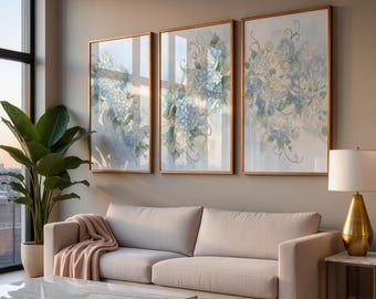 Juego de 3 piezas de arte mural de hortensias azules: estampados florales botánicos en azul pálido. Arte mural romántico en azul para decorar el dormitorio, la sala y el comedor.