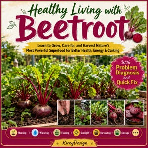 May include: A promotional image for a guide on growing beetroot. The image features the text "Healthy Living with Beetroot" and shows beetroot plants in a garden. Additional images show the process of planting, watering, and harvesting. The guide promises information on health, energy, and cooking.